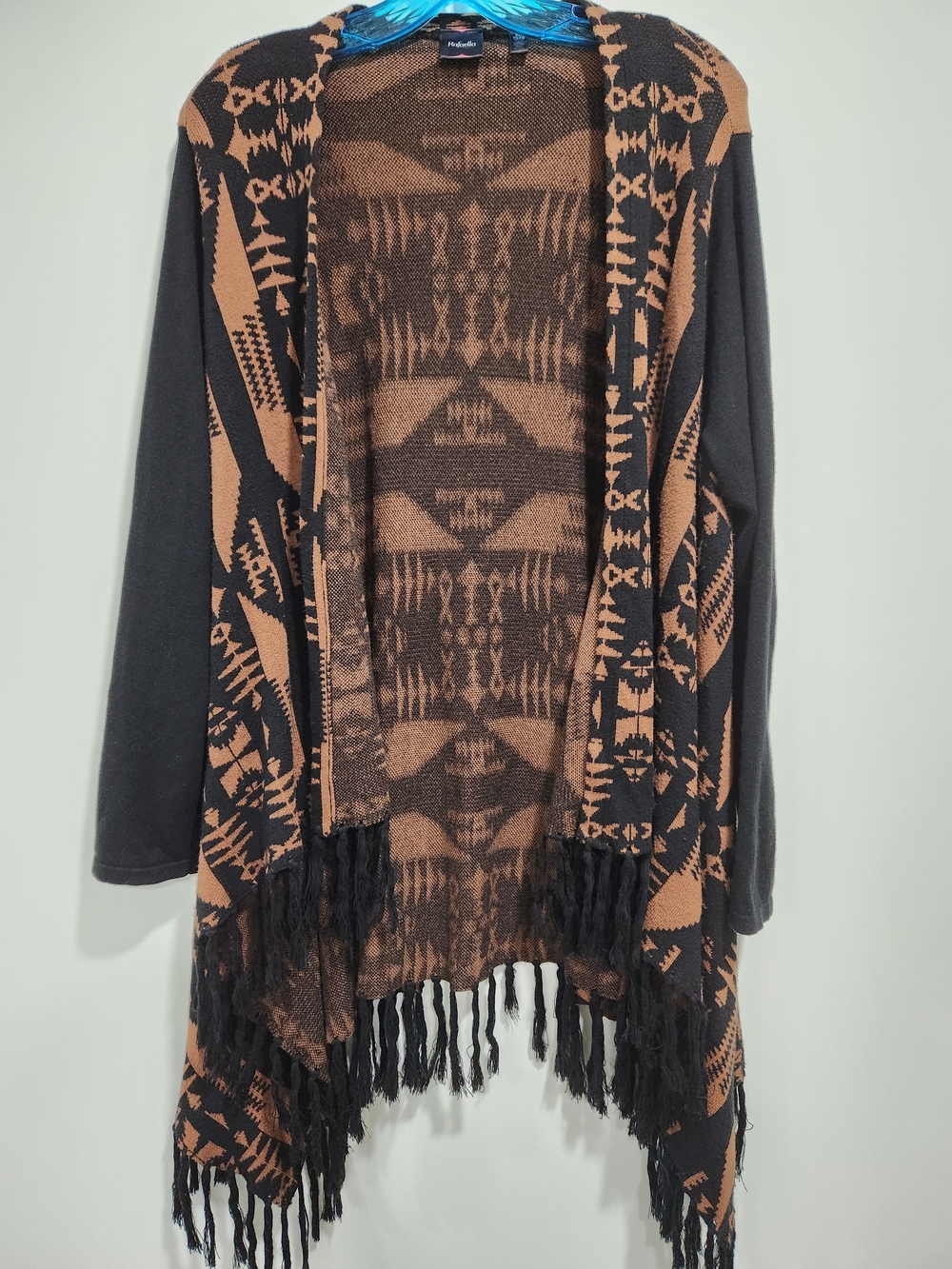 Rafaella Black and Brown Aztec Fringe Open Cardigan